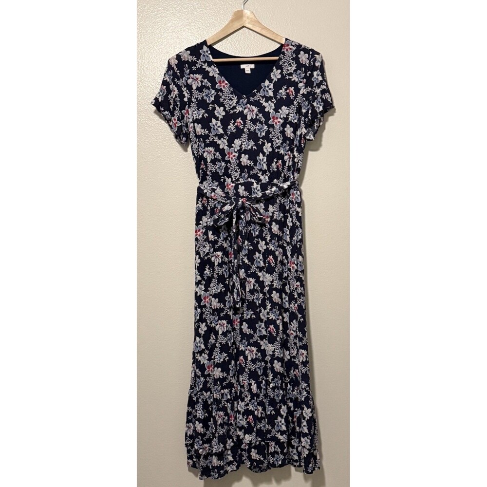 J. Jill Floral Maxi Dress Tiered V-Neck Short Flutter Sleeves Pockets Small Blue